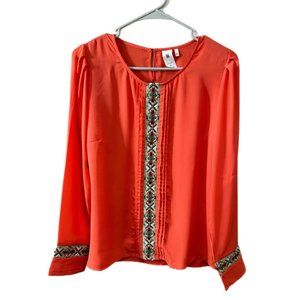 Needle & Thread Womens Size Small Boho Aztec Embroidered Sheer Orange Top Blouse